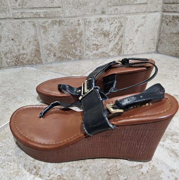 Tommy Hilfiger Women’s 8M Black Leather Wedge Sandals Brown Platform Heels Y2K - Picture 5 of 8